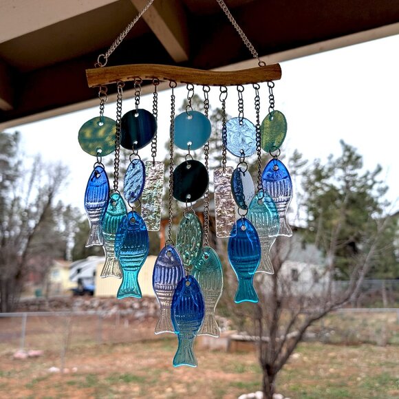 Stunning Stained Glass & Blue Glass Fish Wind Chime - Beach Decor - Picture 7 of 14